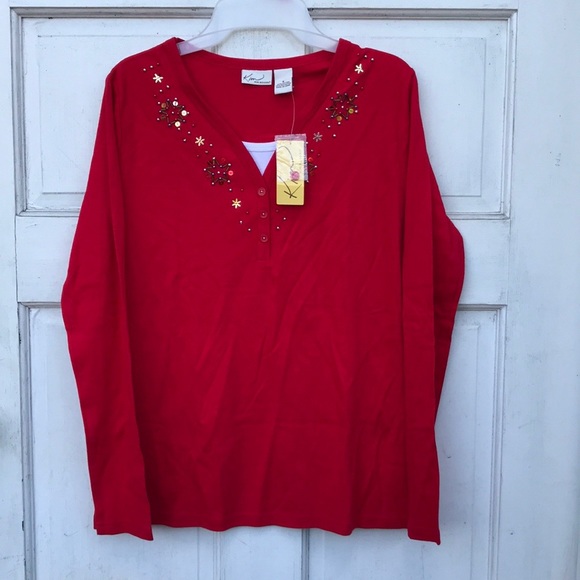 NWT Kim Rogers Red Layer Casual Snowflakes Tee S - Picture 7 of 7
